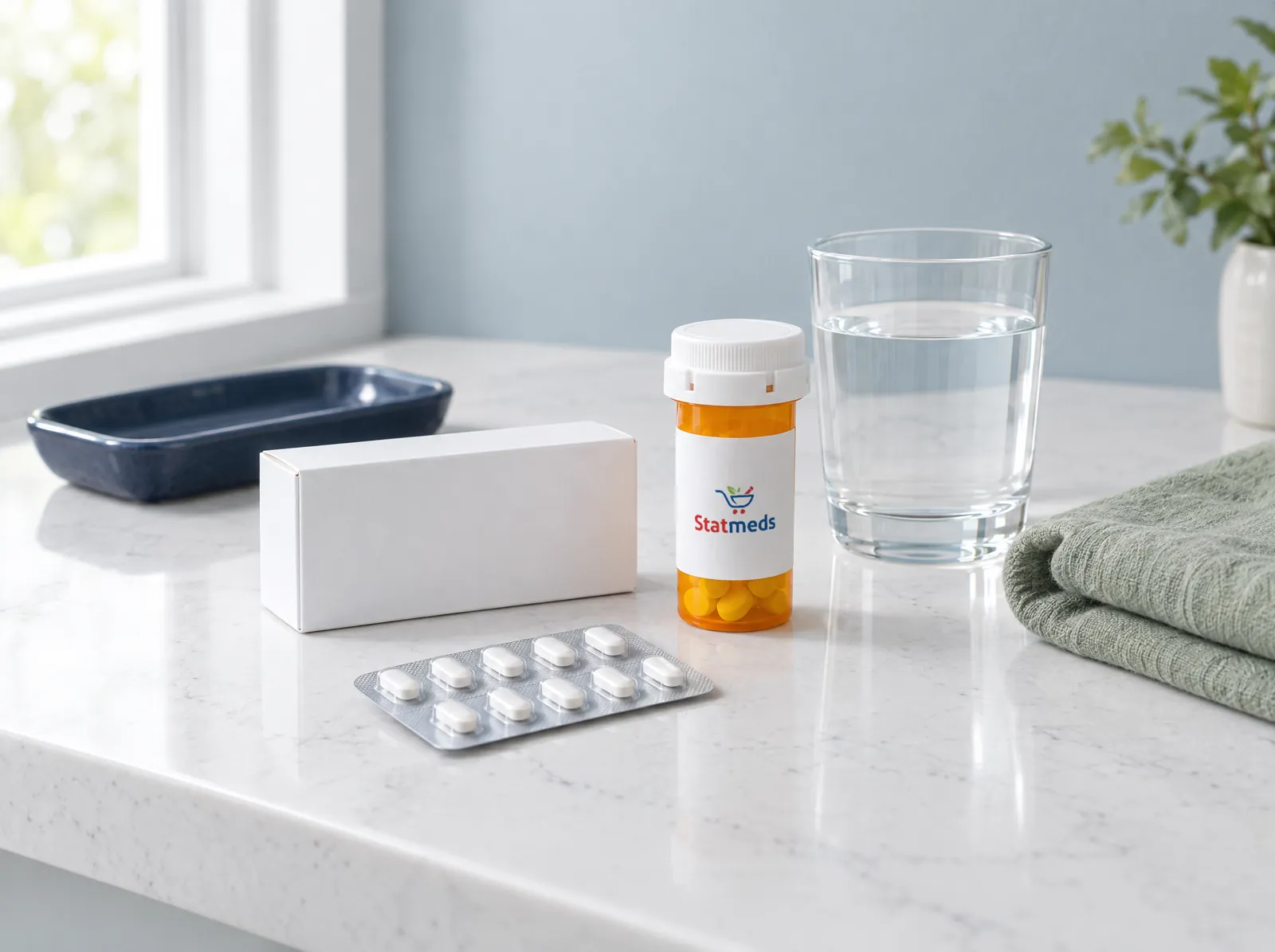 Plain white medication carton, a blister pack, a prescription vial and a glass of water on a quartz counter