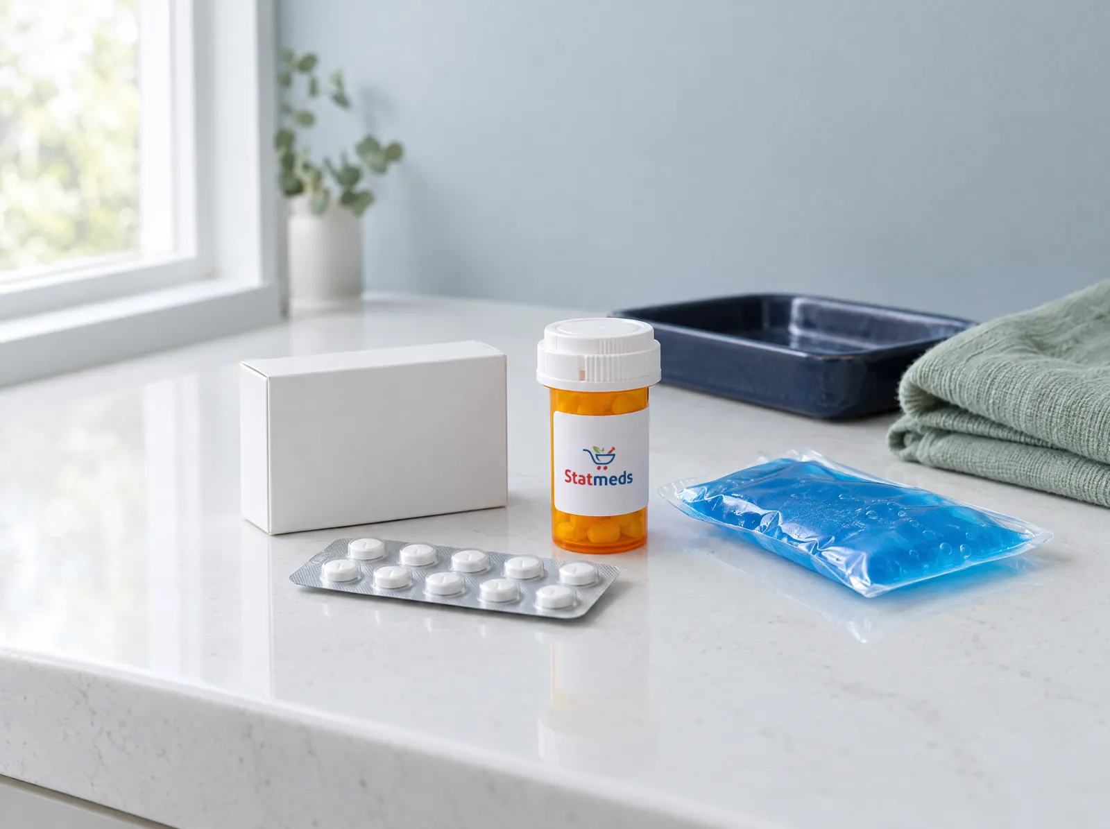 White medicine box, a blister pack, a prescription vial and a blue gel cold pack on a quartz counter