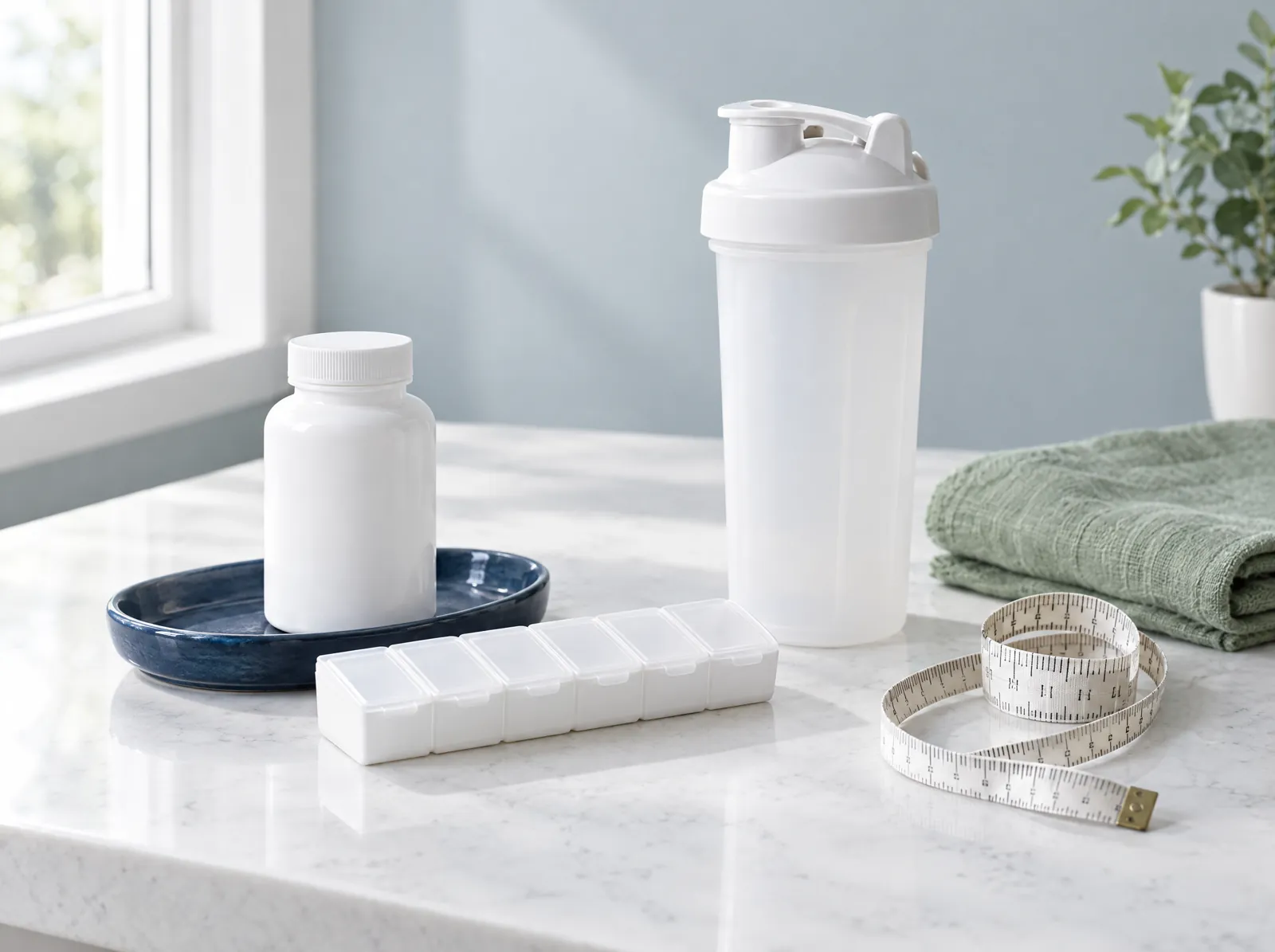 Vitamin bottle, a weekly pill organizer, a shaker bottle and a tape measure on a quartz counter