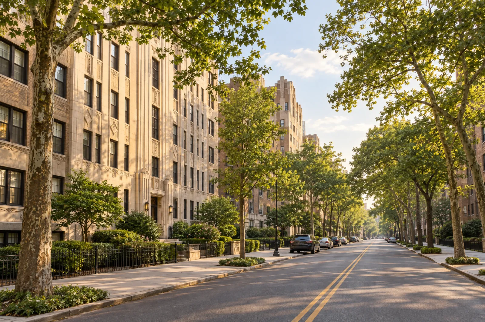 Prewar Art Deco apartment buildings along a tree-lined Bronx avenue