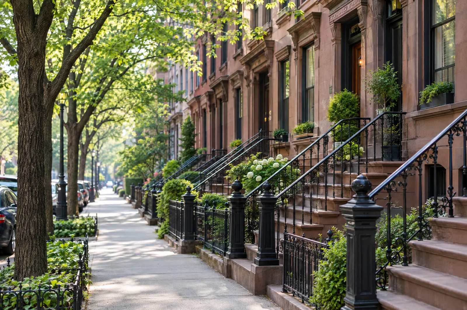 Brownstone row houses with stoops on a tree-lined Brooklyn street