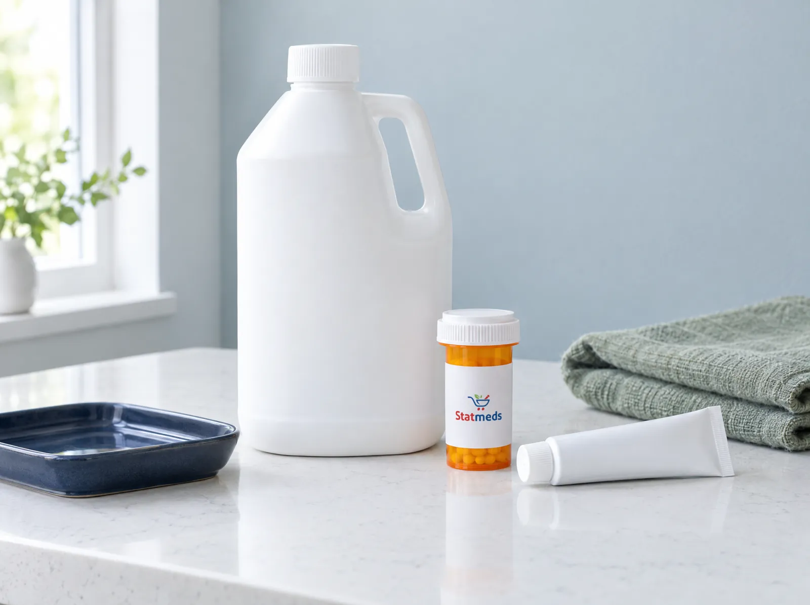 Bowel prep jug, a prescription vial and a tube of ointment on a quartz counter