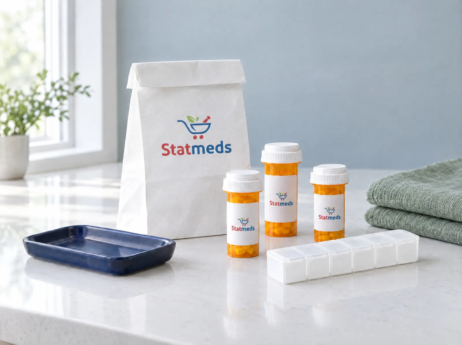 White pharmacy bag, three prescription vials and a weekly pill organizer on a quartz counter