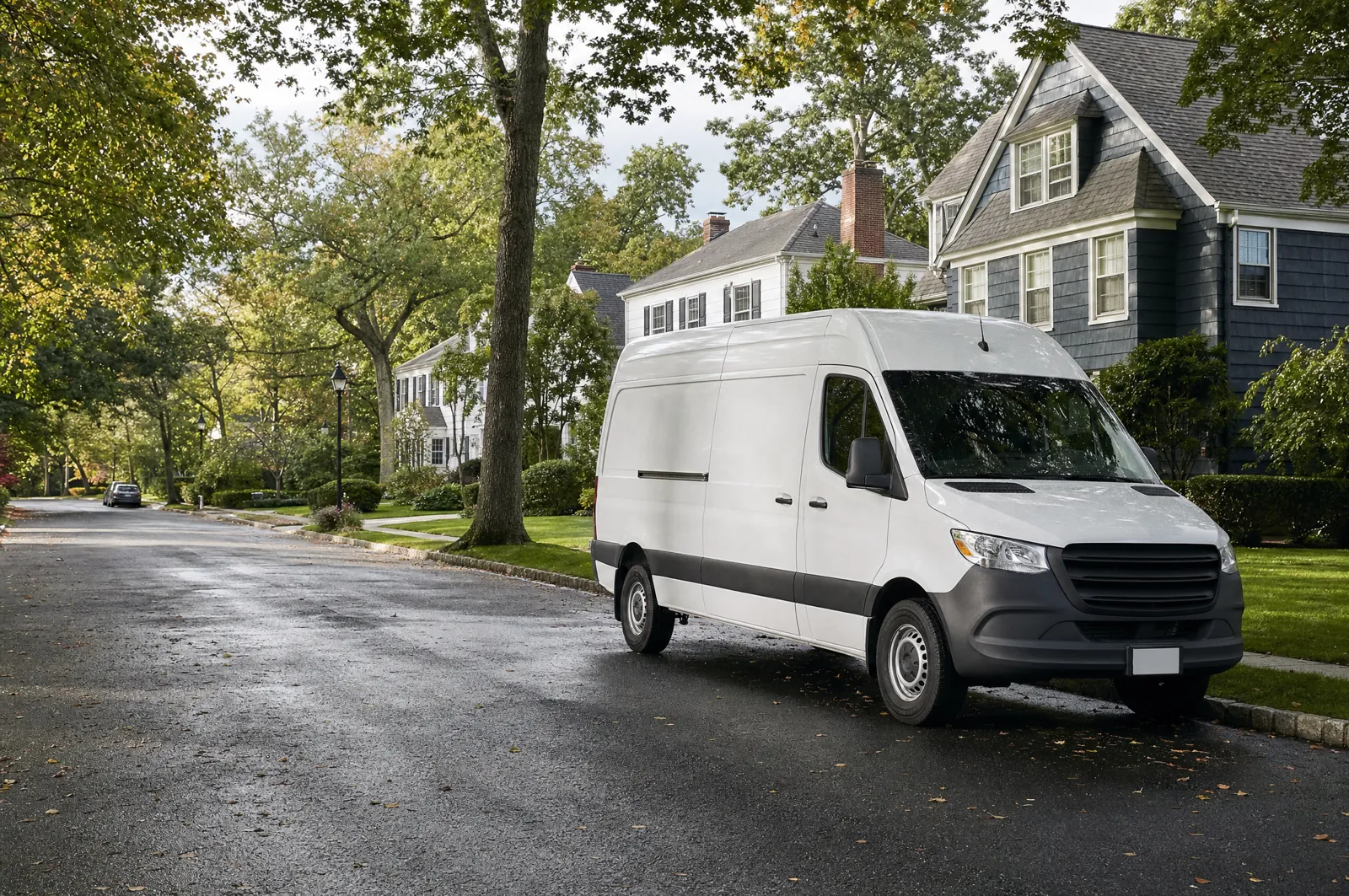 White delivery van parked on a tree-lined Long Island street