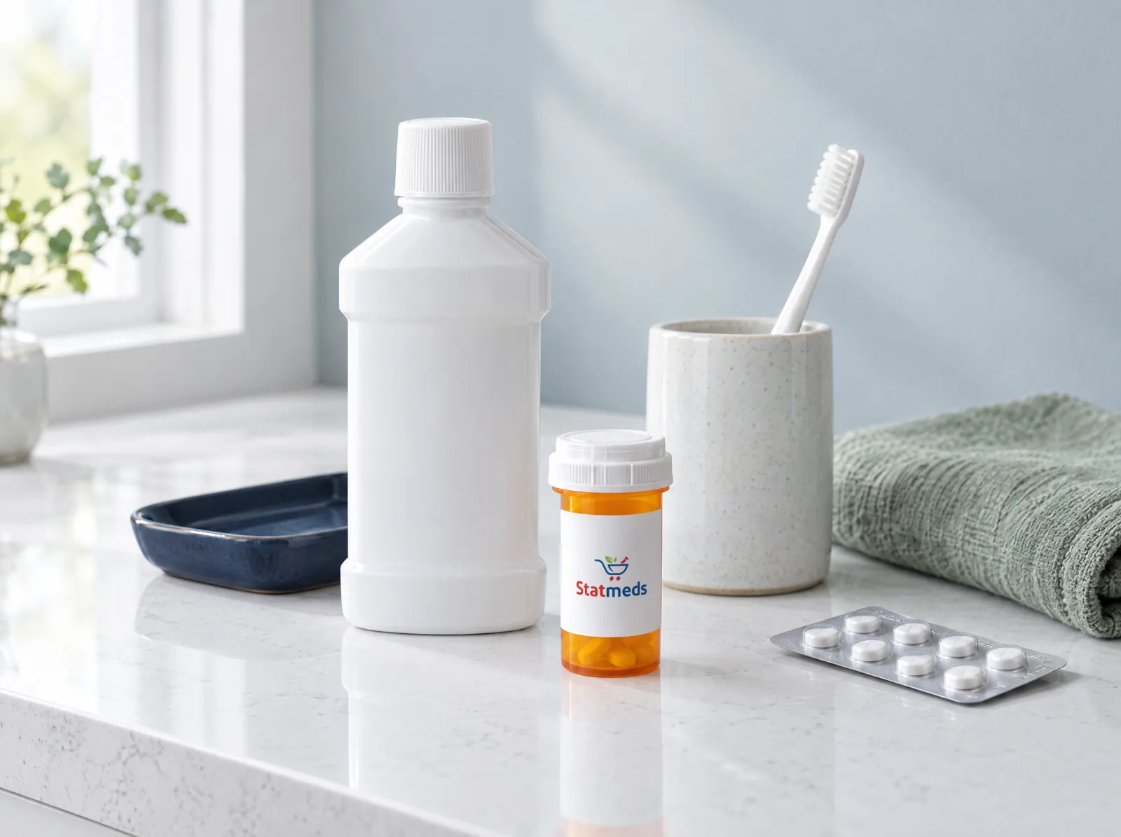 Bottle of prescription mouth rinse, a toothbrush in a cup, a prescription vial and a blister pack on a quartz counter