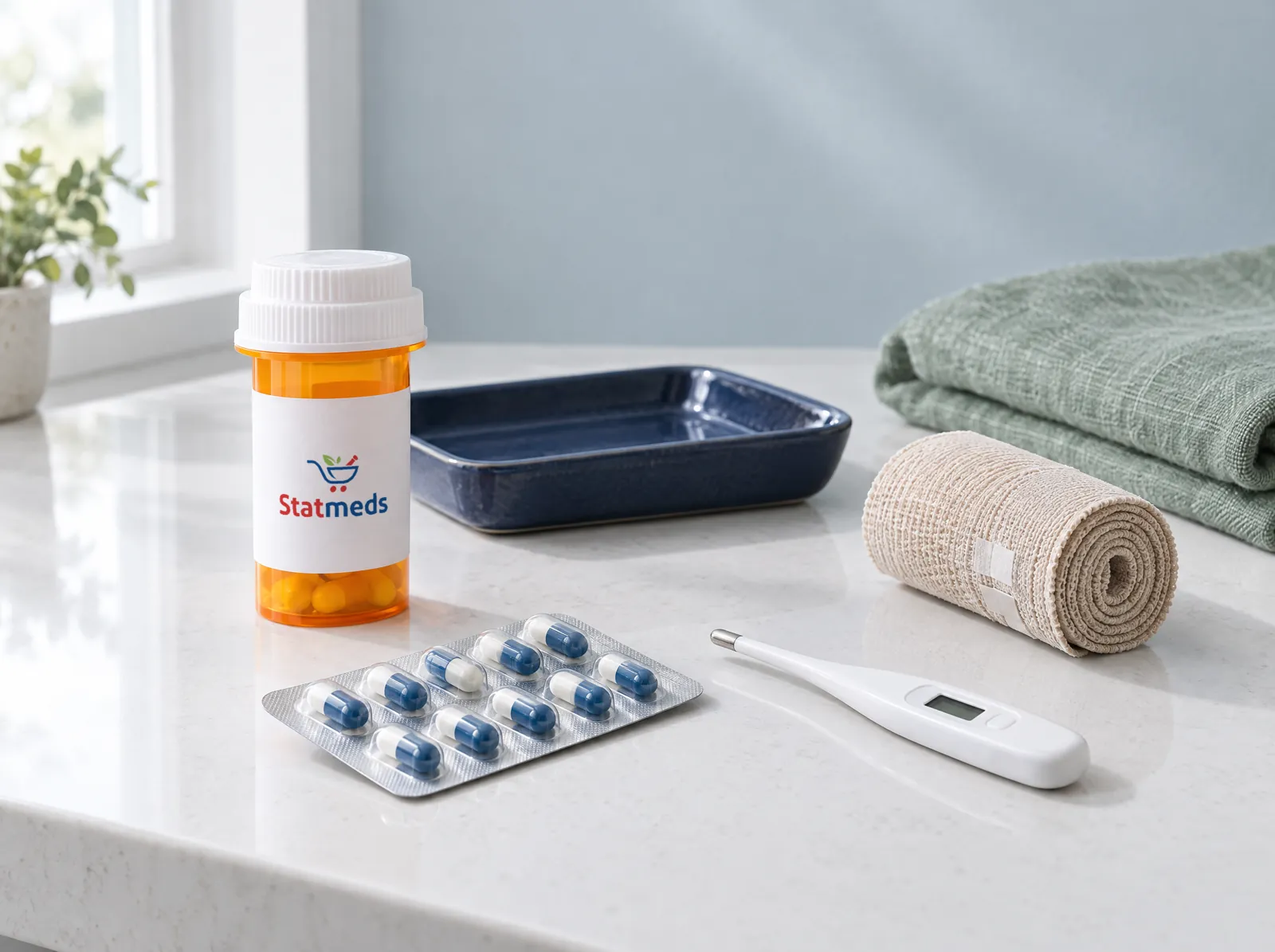 Prescription vial, a blister pack of capsules, a digital thermometer and an elastic bandage on a quartz counter