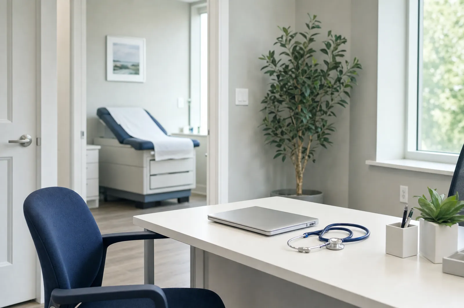 Physician office with a desk, laptop and stethoscope, and an exam room beyond