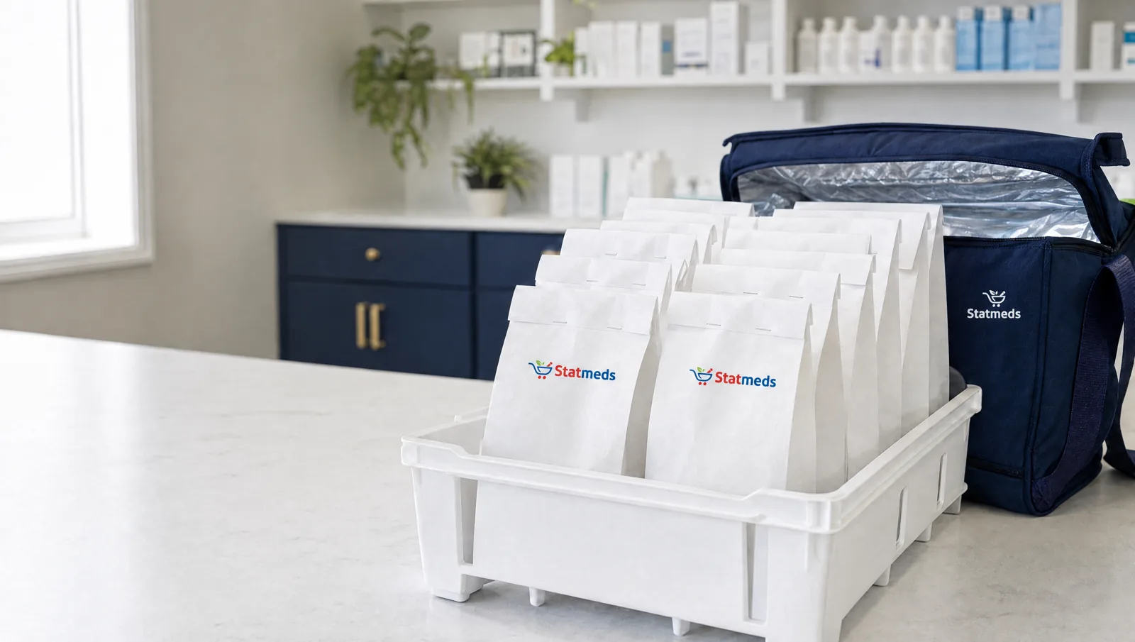 Sealed pharmacy bags in a crate beside an insulated delivery bag