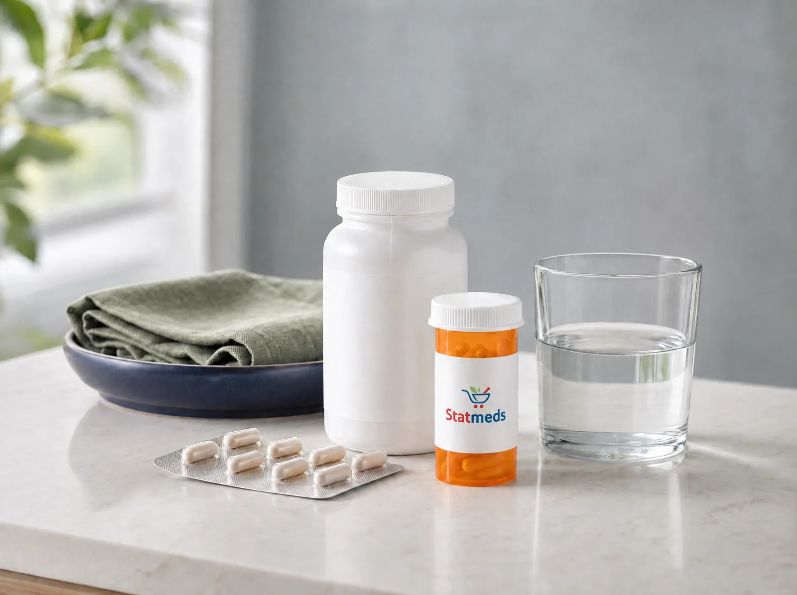 White bottle, blister pack, prescription vial and a glass of water on a quartz counter