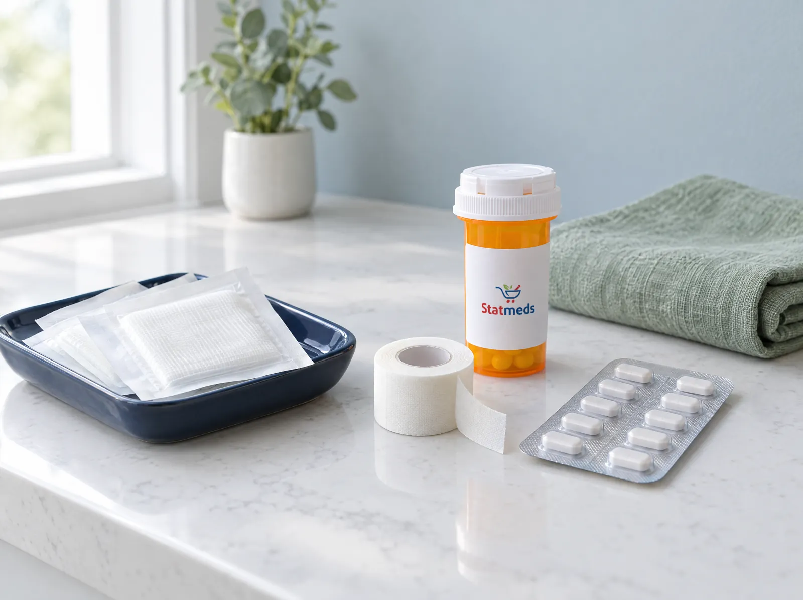 Sterile gauze packets, medical tape, a prescription vial and a blister pack on a quartz counter