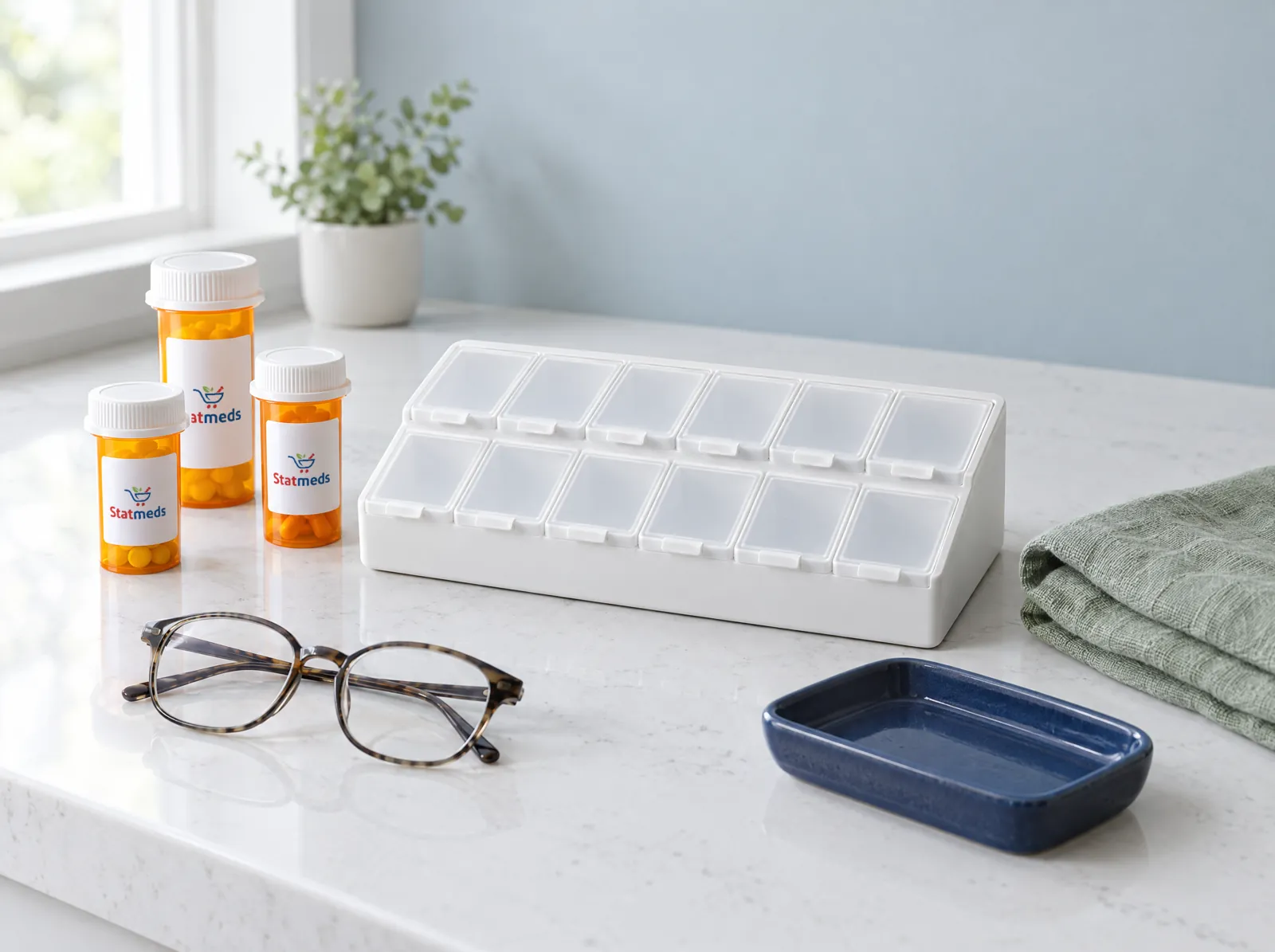Large weekly pill organizer, prescription vials and reading glasses on a quartz counter