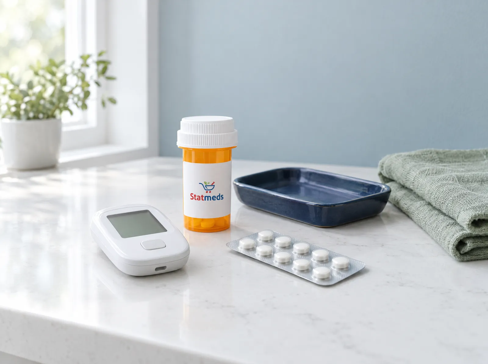 Handheld testing meter, a prescription vial and a blister pack on a quartz counter