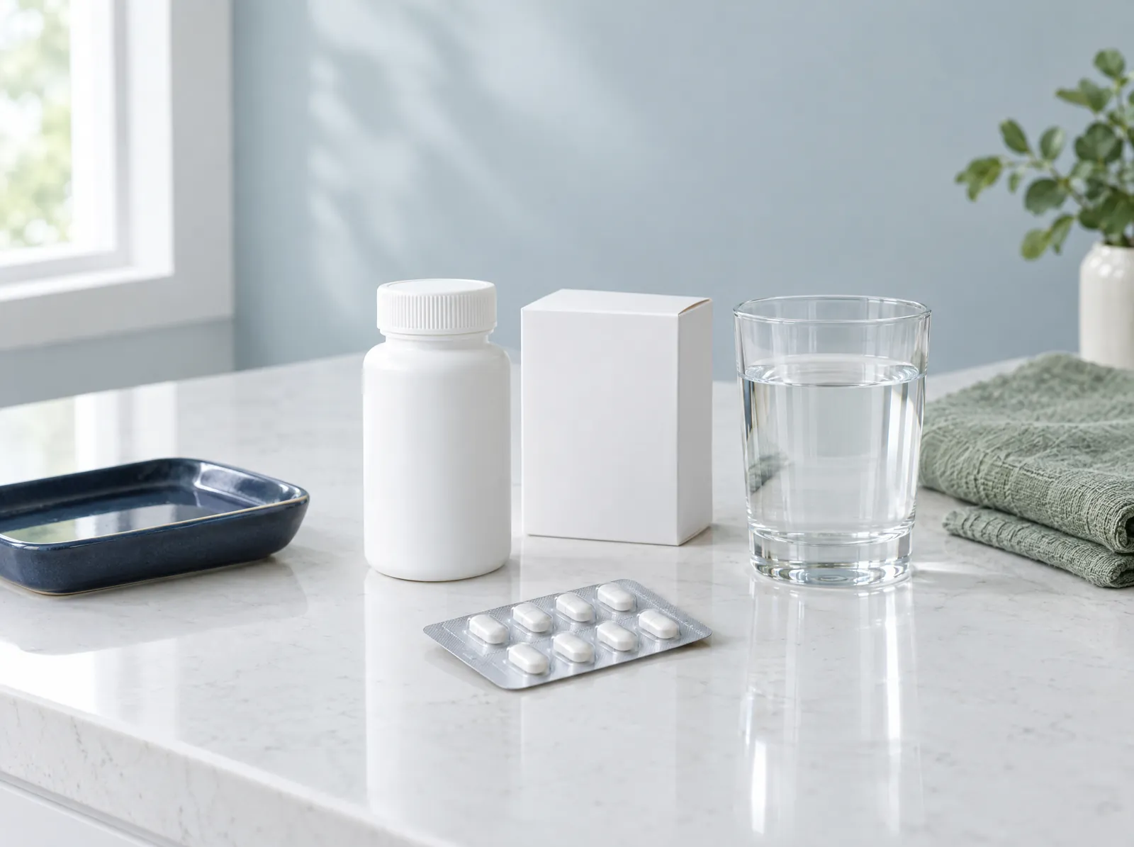 White medication bottle, a medicine box, a blister pack and a glass of water on a quartz counter