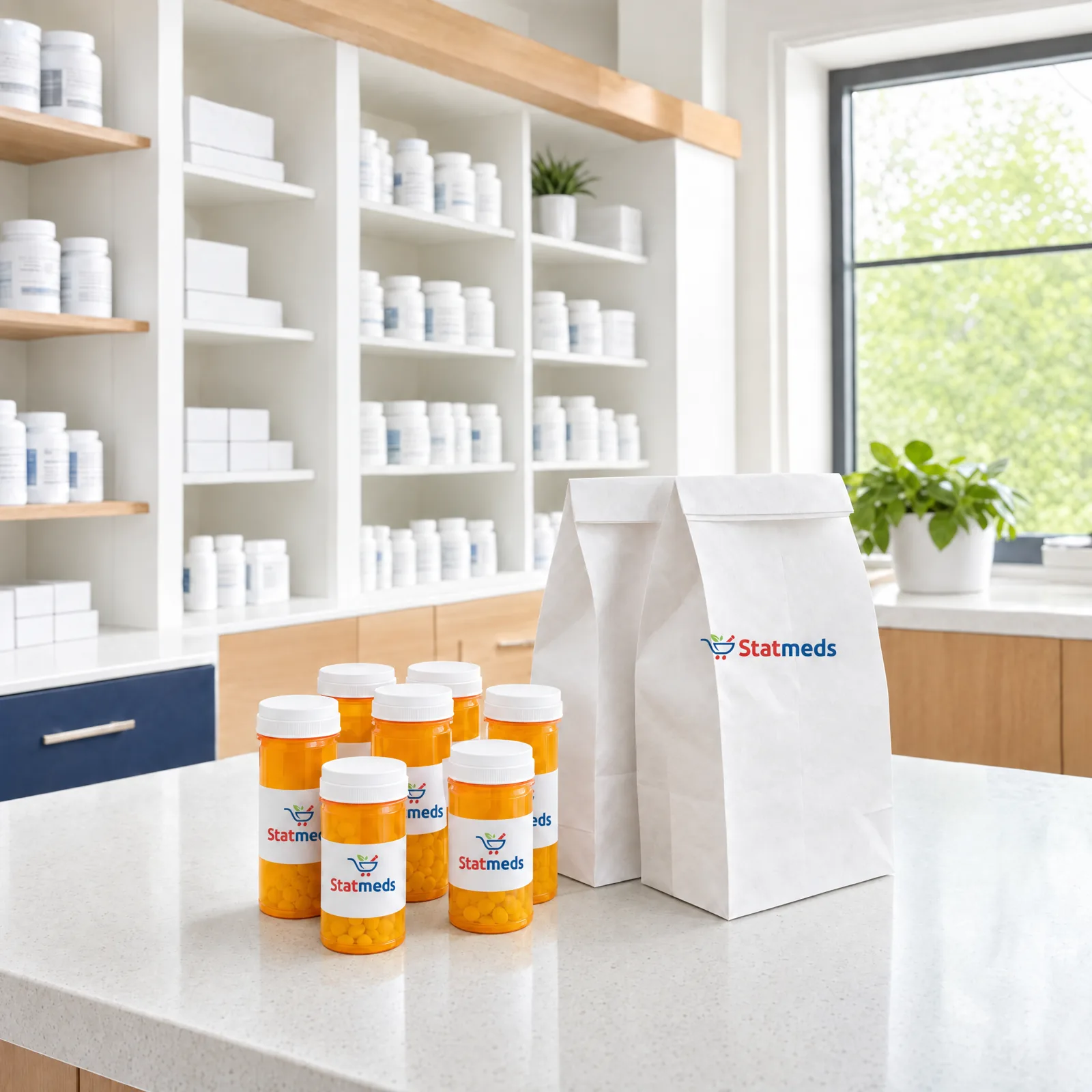 Bright pharmacy counter with prescription vials and sealed pharmacy bags in front of shelves of medicine bottles
