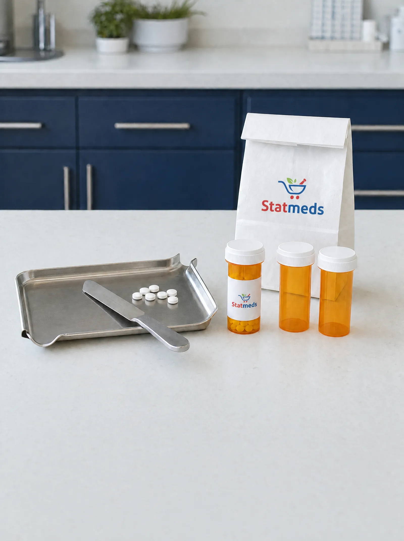 Pill counting tray, prescription vials and a white pharmacy bag on a quartz counter