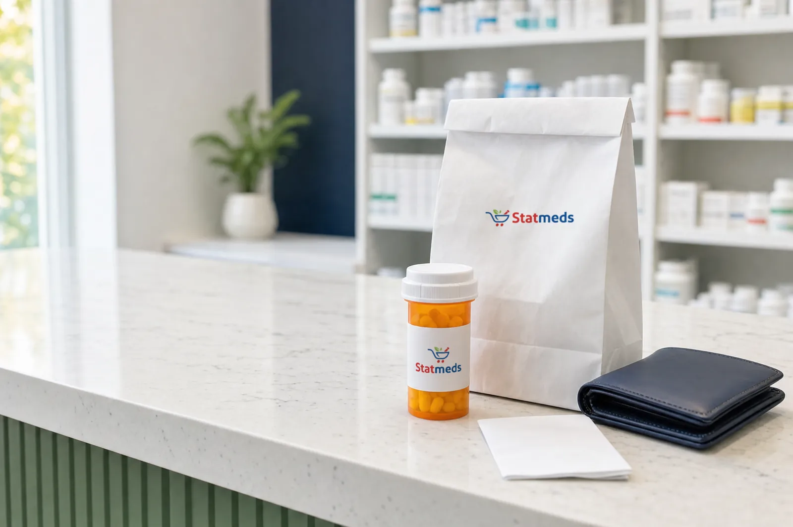 Prescription vial, white pharmacy bag and a navy wallet on a pharmacy counter