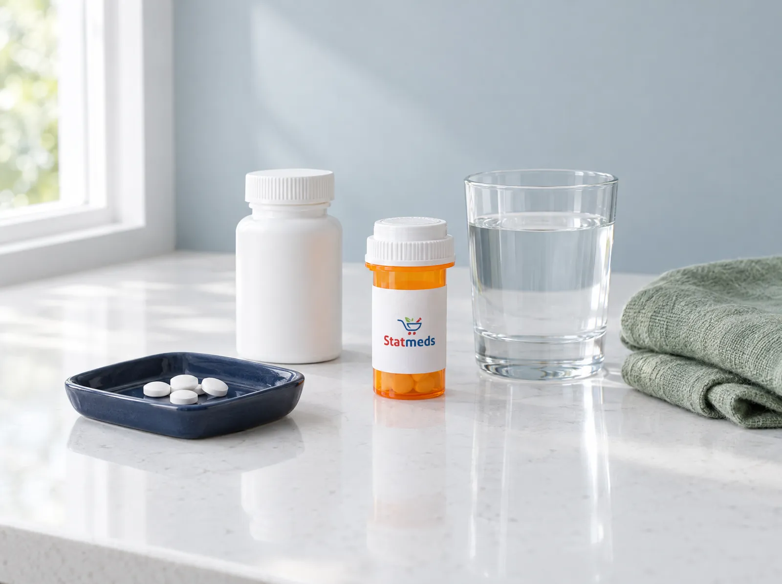 Bottle of chewable tablets, a prescription vial and a glass of water on a quartz counter