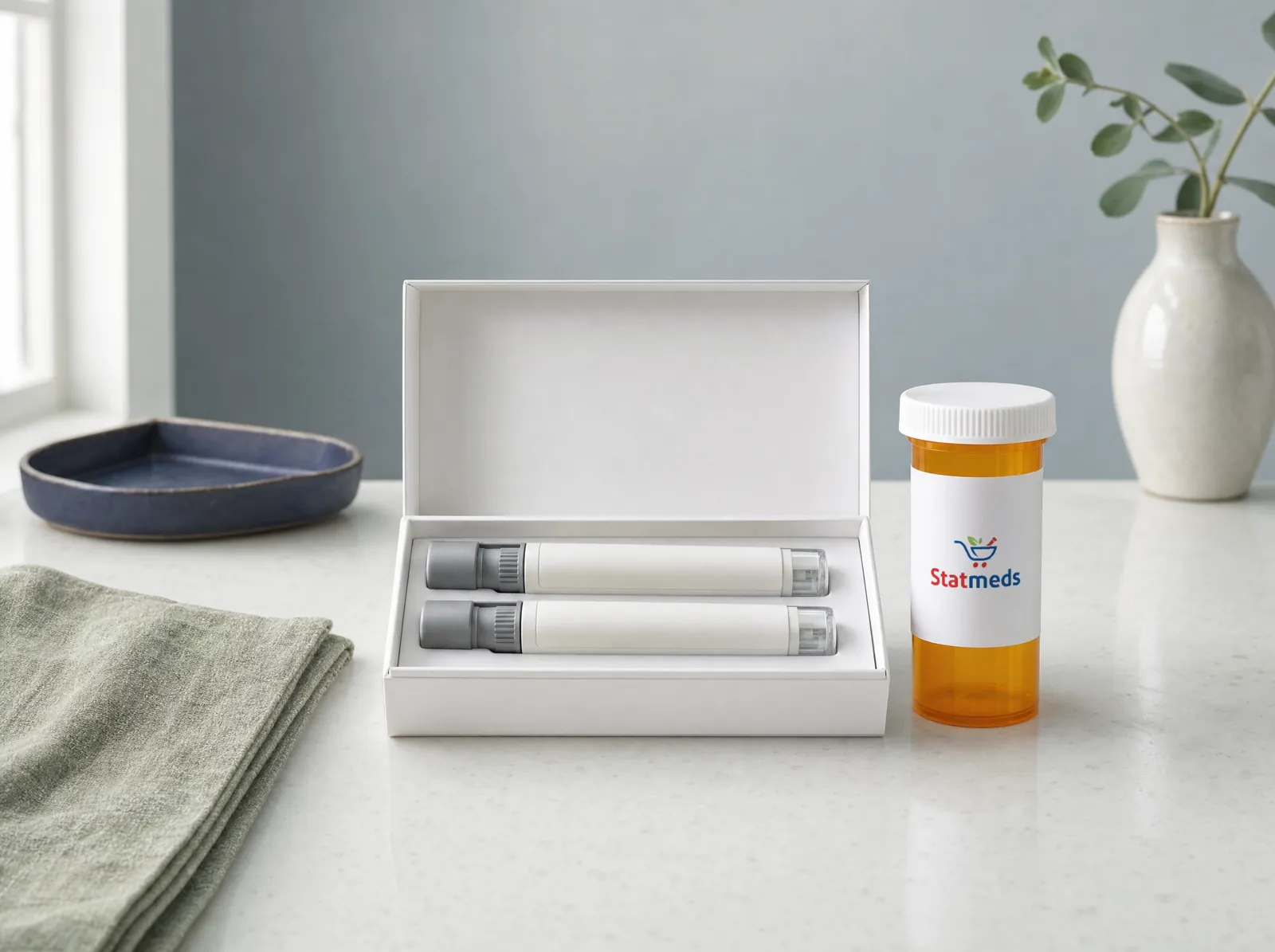 Auto-injector pens in a box beside a prescription vial on a quartz counter