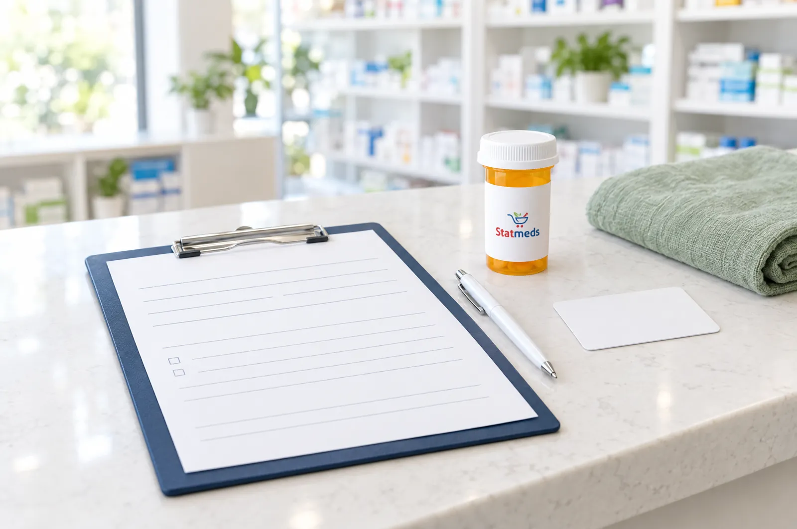 Navy clipboard with a blank form, a pen and a prescription vial on a pharmacy counter