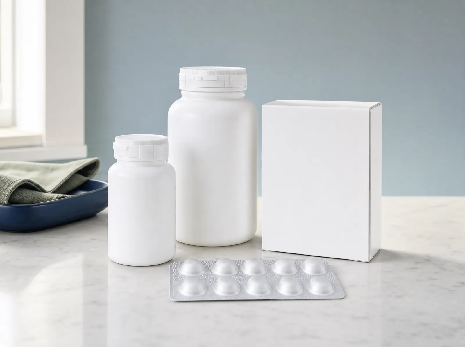 White medicine bottles, a medication box and a blister card on a quartz counter