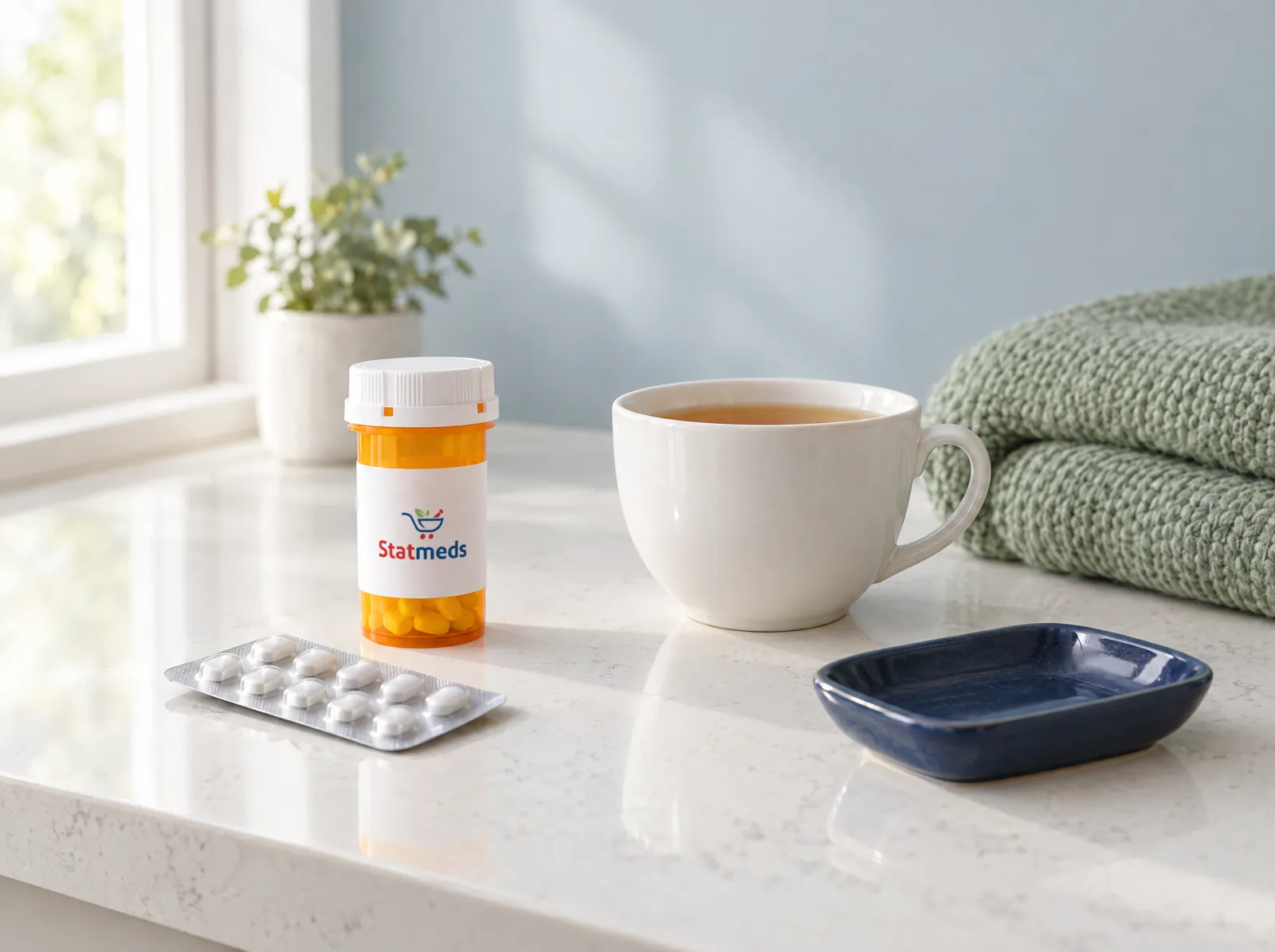 Prescription vial, a blister pack, a cup of tea and a knit blanket on a quartz counter