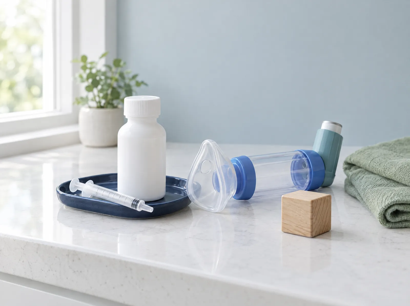 Children’s liquid medicine with an oral syringe, an inhaler spacer and a wooden toy block on a quartz counter