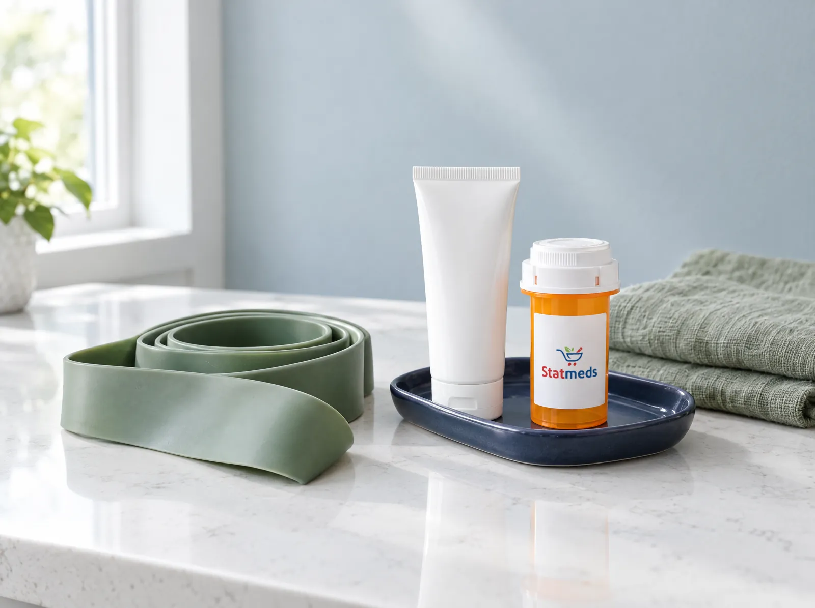 Resistance exercise band, a tube of topical gel and a prescription vial on a quartz counter