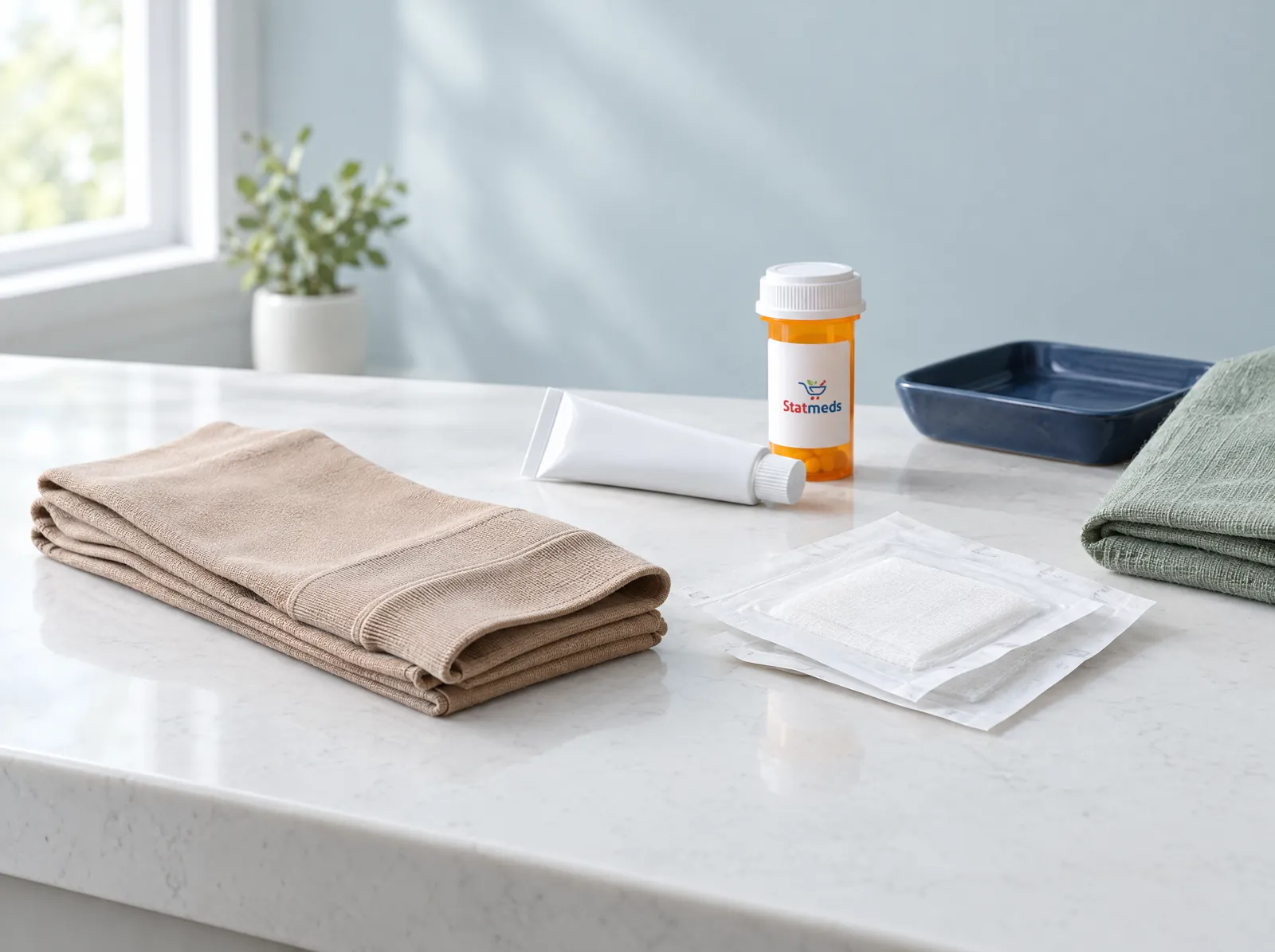 Folded compression garment, gauze packets, a tube of ointment and a prescription vial on a quartz counter