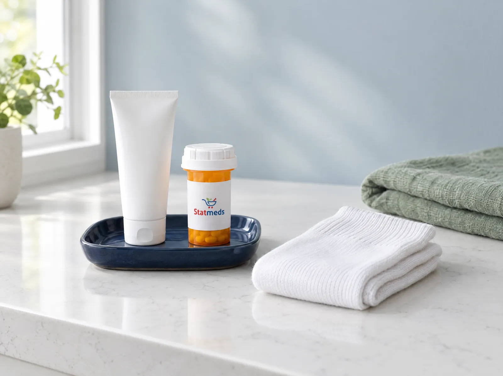 Tube of cream, folded white cotton socks and a prescription vial on a quartz counter