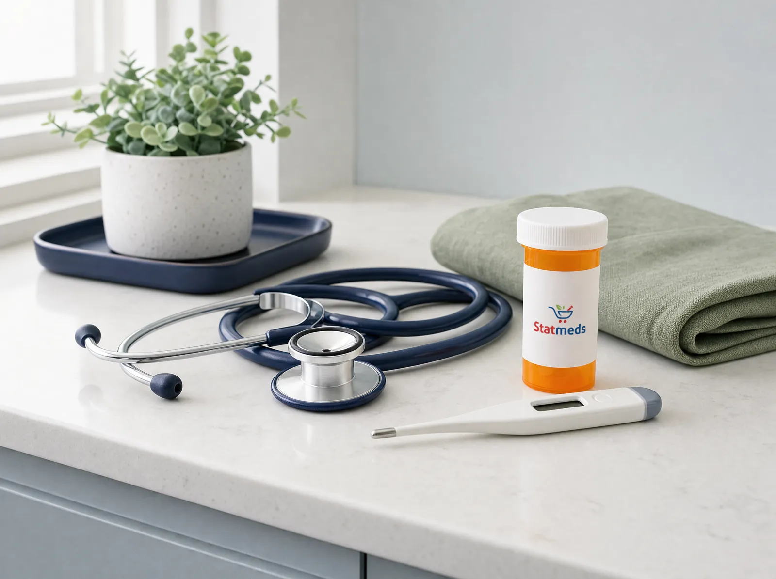 Stethoscope, digital thermometer and a prescription vial on a quartz counter