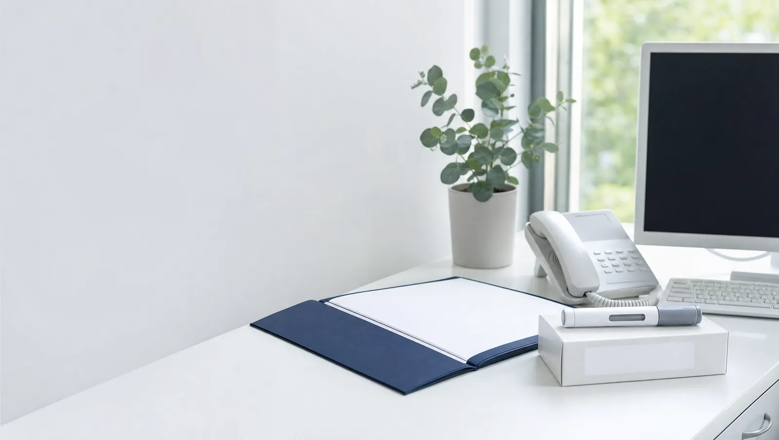 Pharmacy office desk with a navy folder, a medication box and a desk phone