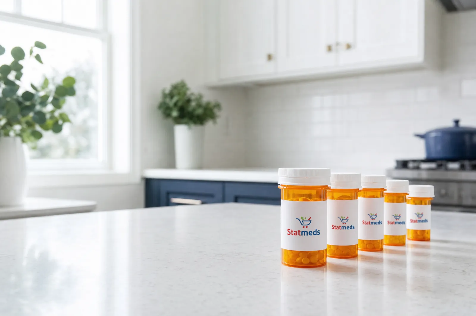 Prescription vials lined up on a kitchen counter