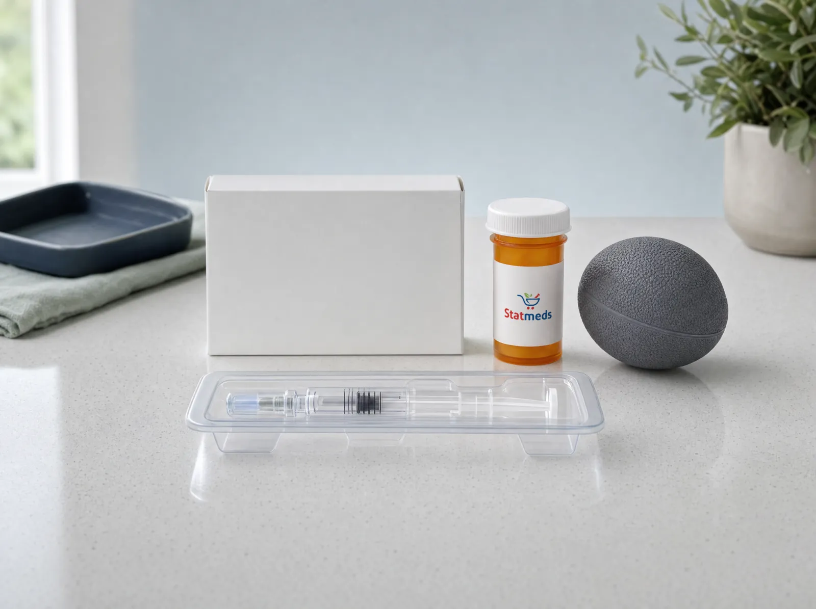 Prefilled syringe, a medicine box, a prescription vial and a therapy ball on a quartz counter