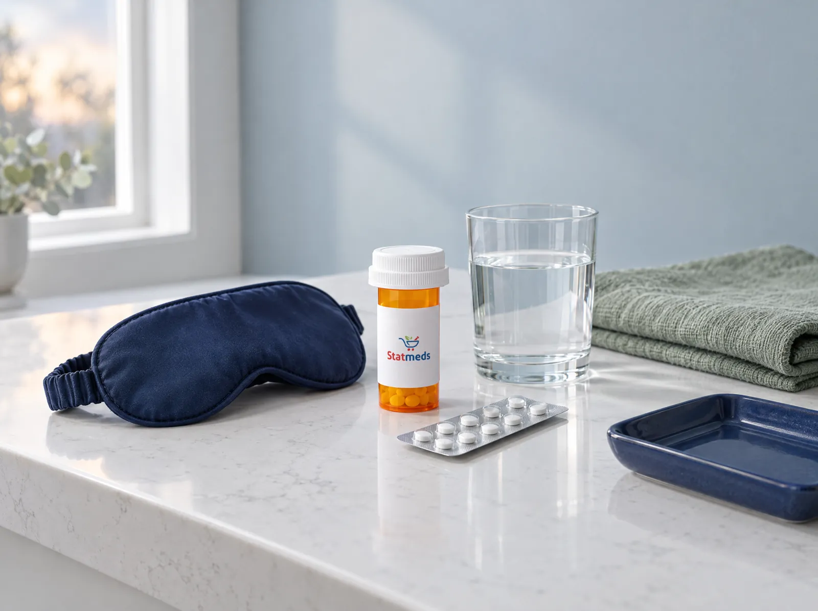 Navy sleep mask, a prescription vial, a blister pack and a glass of water on a quartz counter