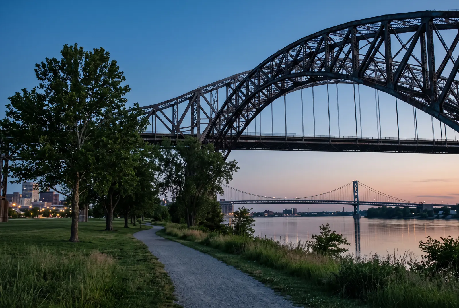 A riverside park at dusk with a steel arch bridge overhead