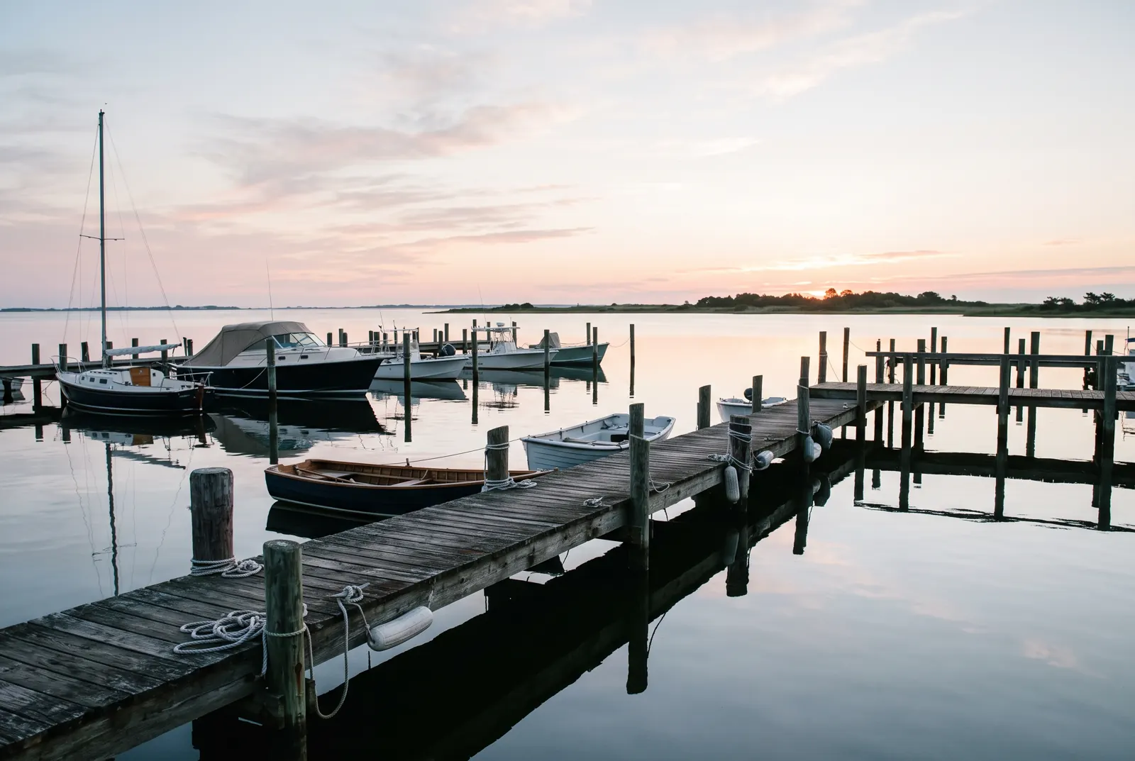 Boats at weathered wooden docks on a calm bay at sunrise with a low island on the horizon