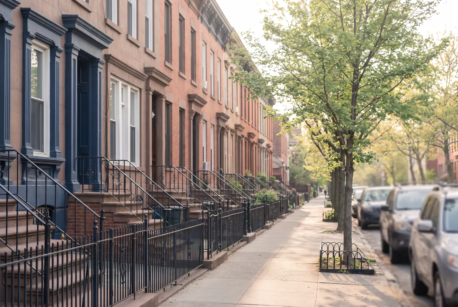 Residential street of attached brick houses with small front gates in morning light.
