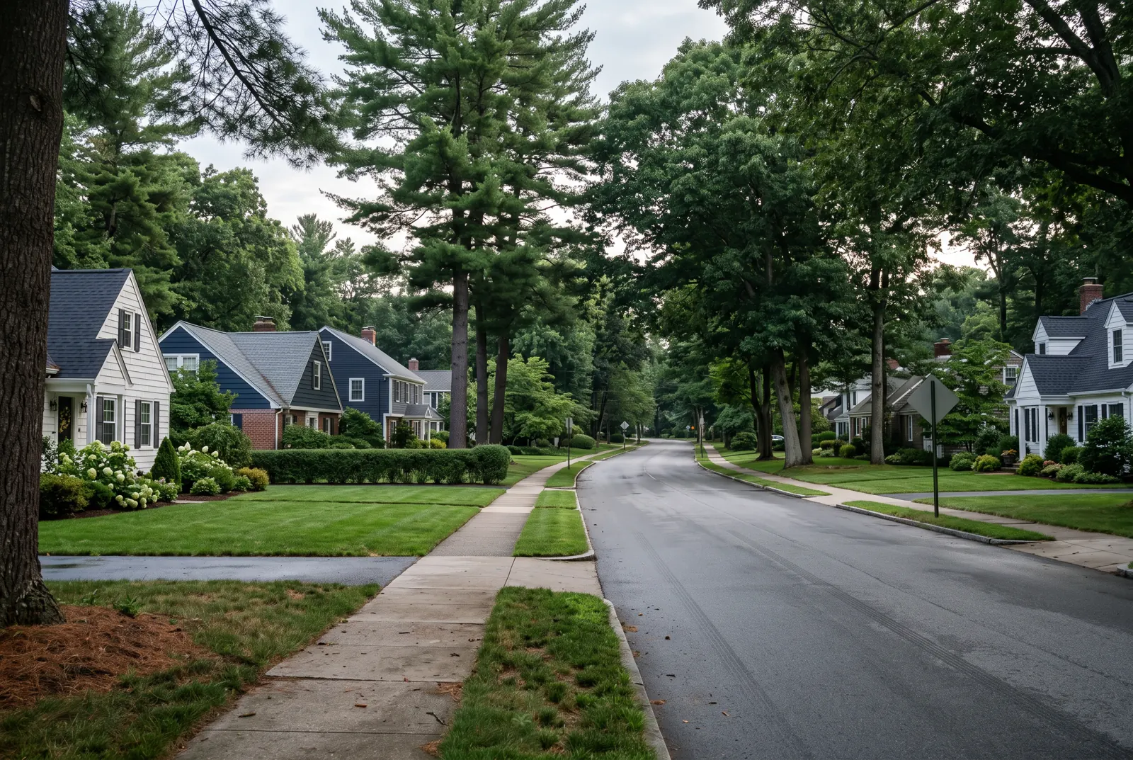 Suburban avenue lined with tall pines and oaks beside modest homes and green lawns