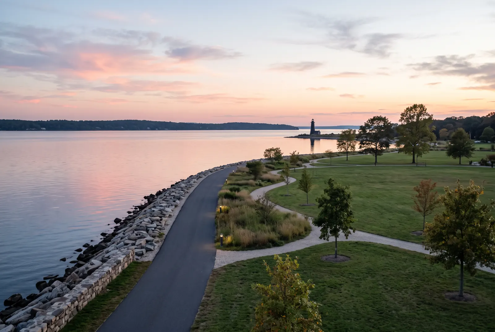 Waterfront park with a shoreline path and open lawns at dusk, calm water reflecting a colorful sky.