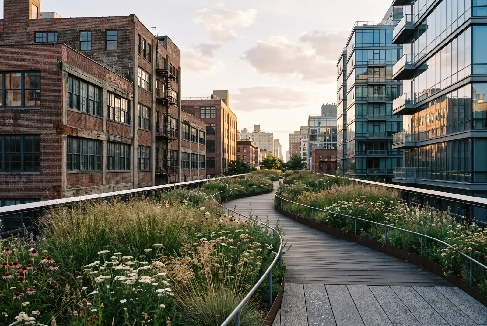 Elevated garden walkway with wild grasses between brick and glass buildings in late-afternoon sun.