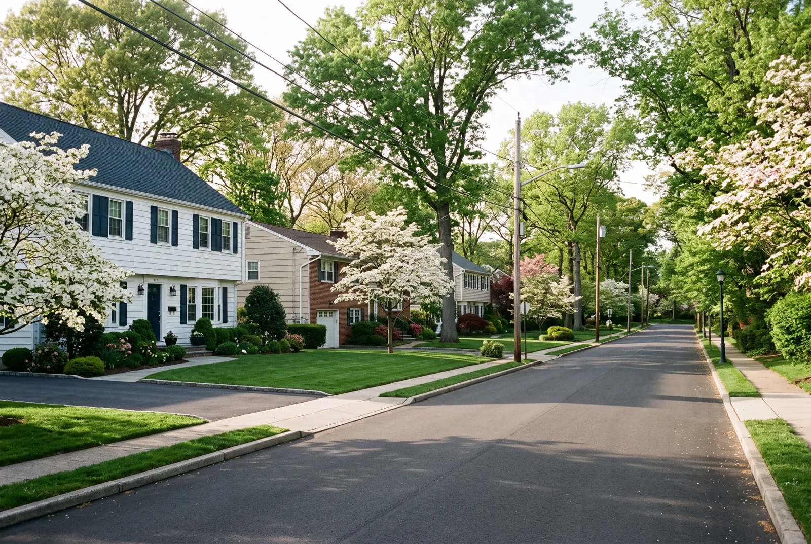 Suburban street with split-level and colonial houses, flowering dogwoods and neat lawns