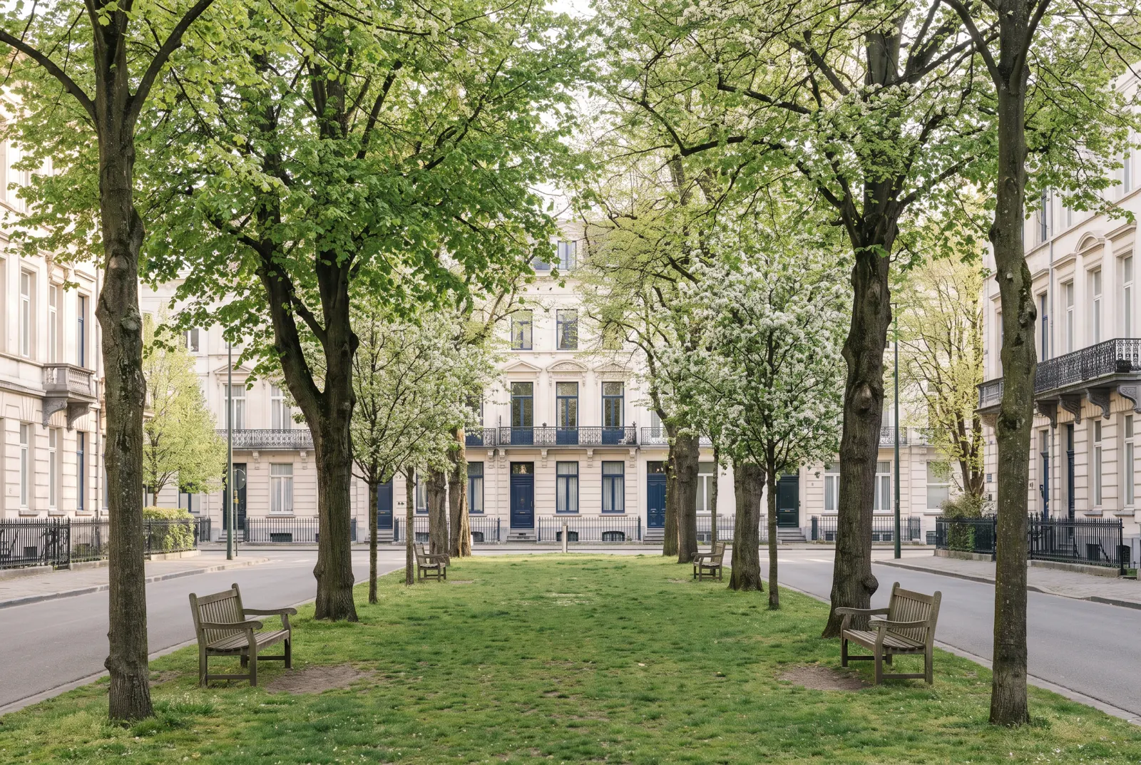 Tree-lined boulevard with a center mall and benches in front of limestone row houses.
