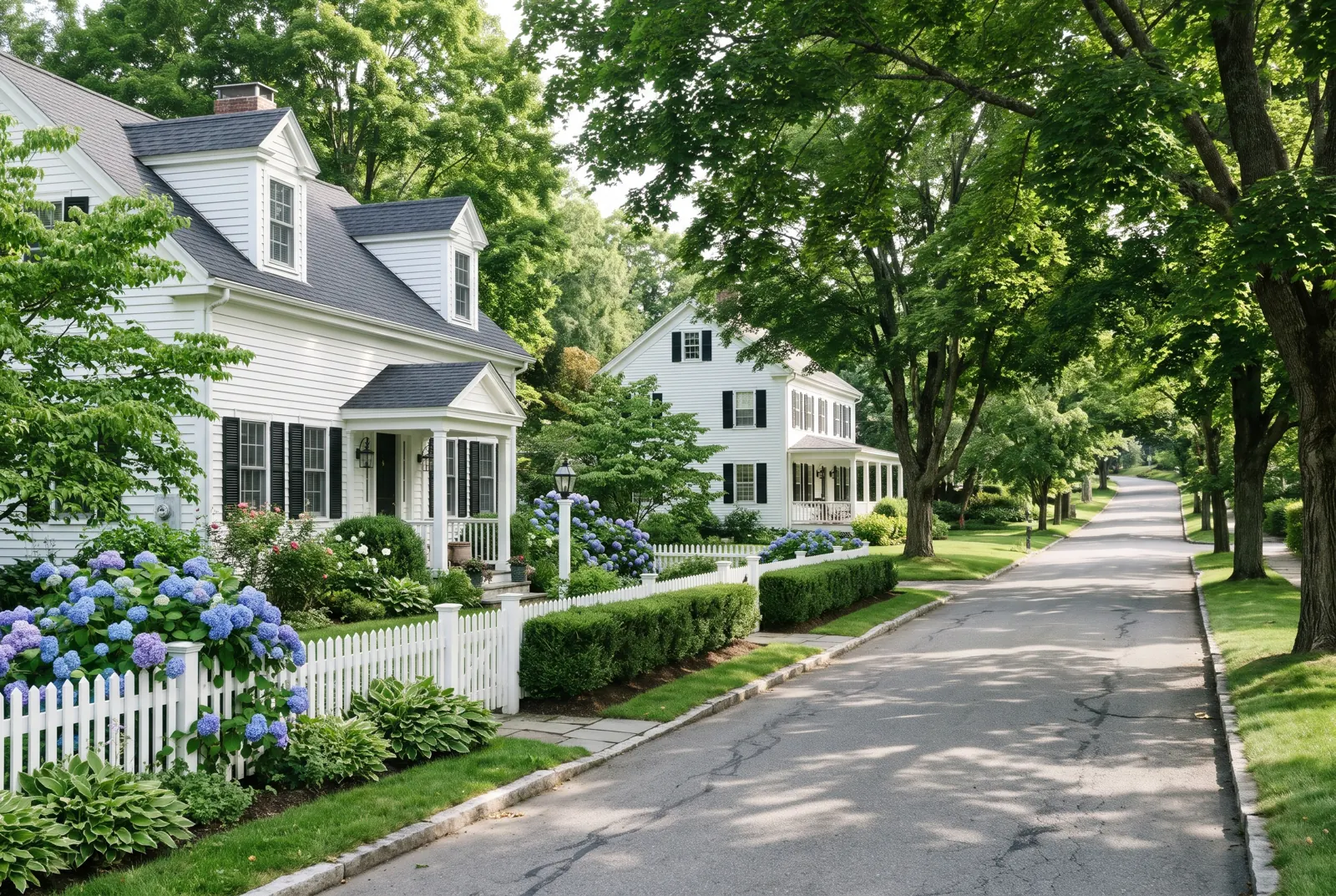Quiet tree-lined road with white colonial houses, picket fences and blooming hydrangeas on a summer morning.