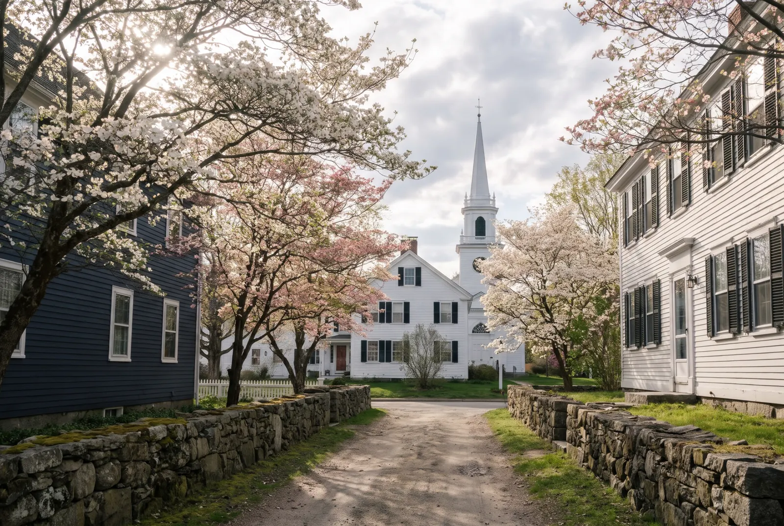 Historic village green with white clapboard houses and flowering dogwood trees in spring.