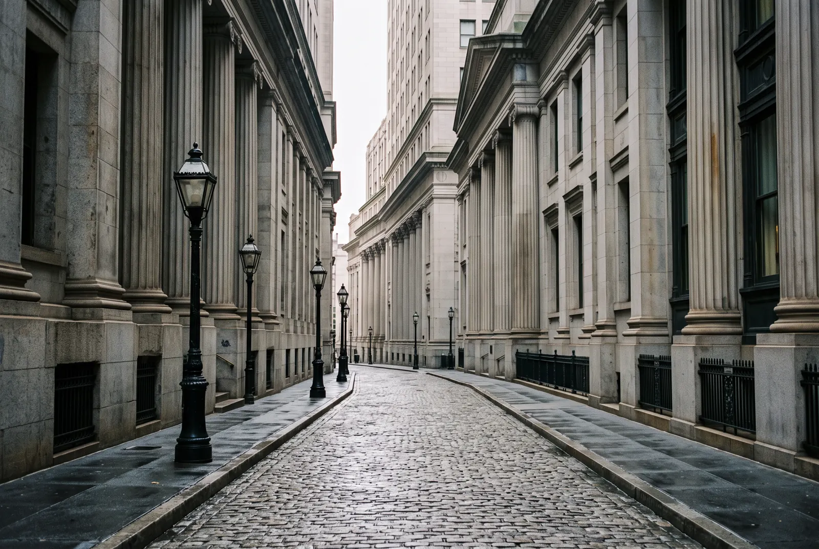 Narrow street lined with historic columned stone buildings and old street lamps in morning light.