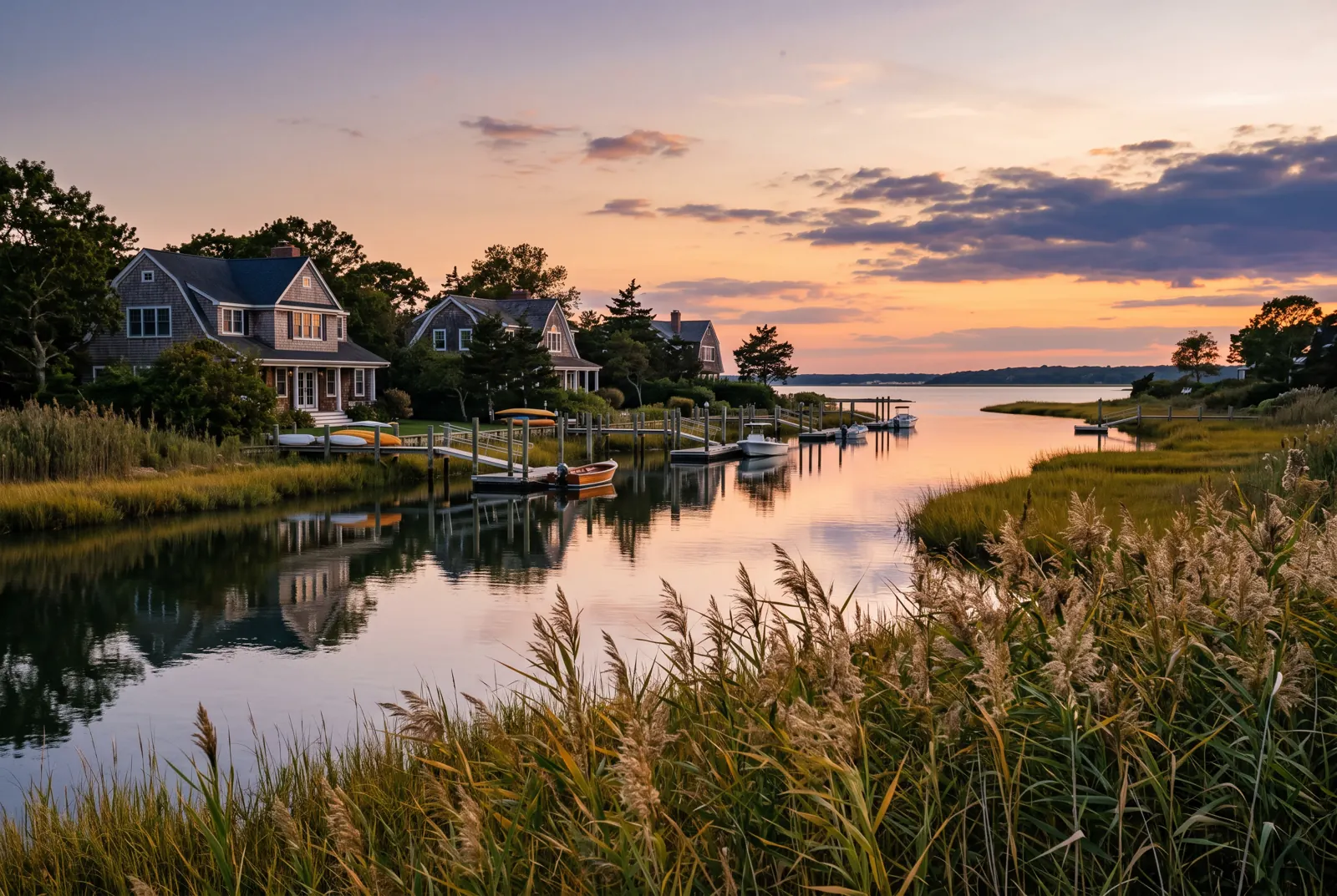 Shingled homes with private docks along a calm channel at sunset