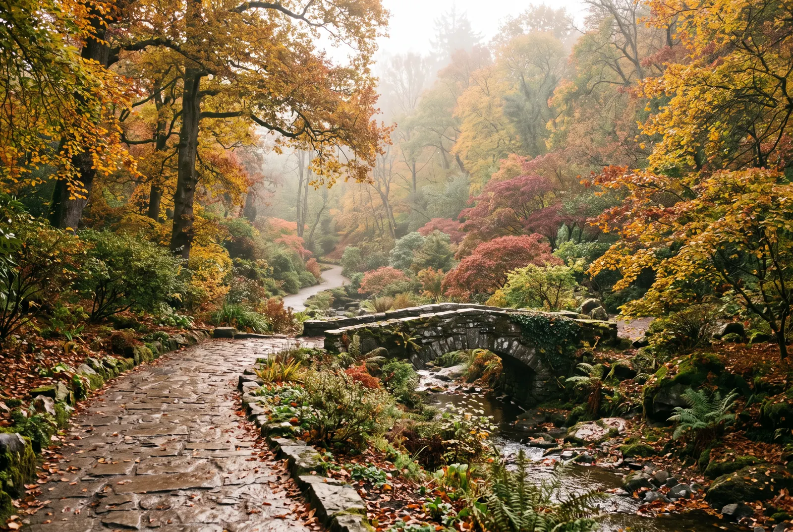 A stone path through a garden of tall trees in autumn color beside a small river