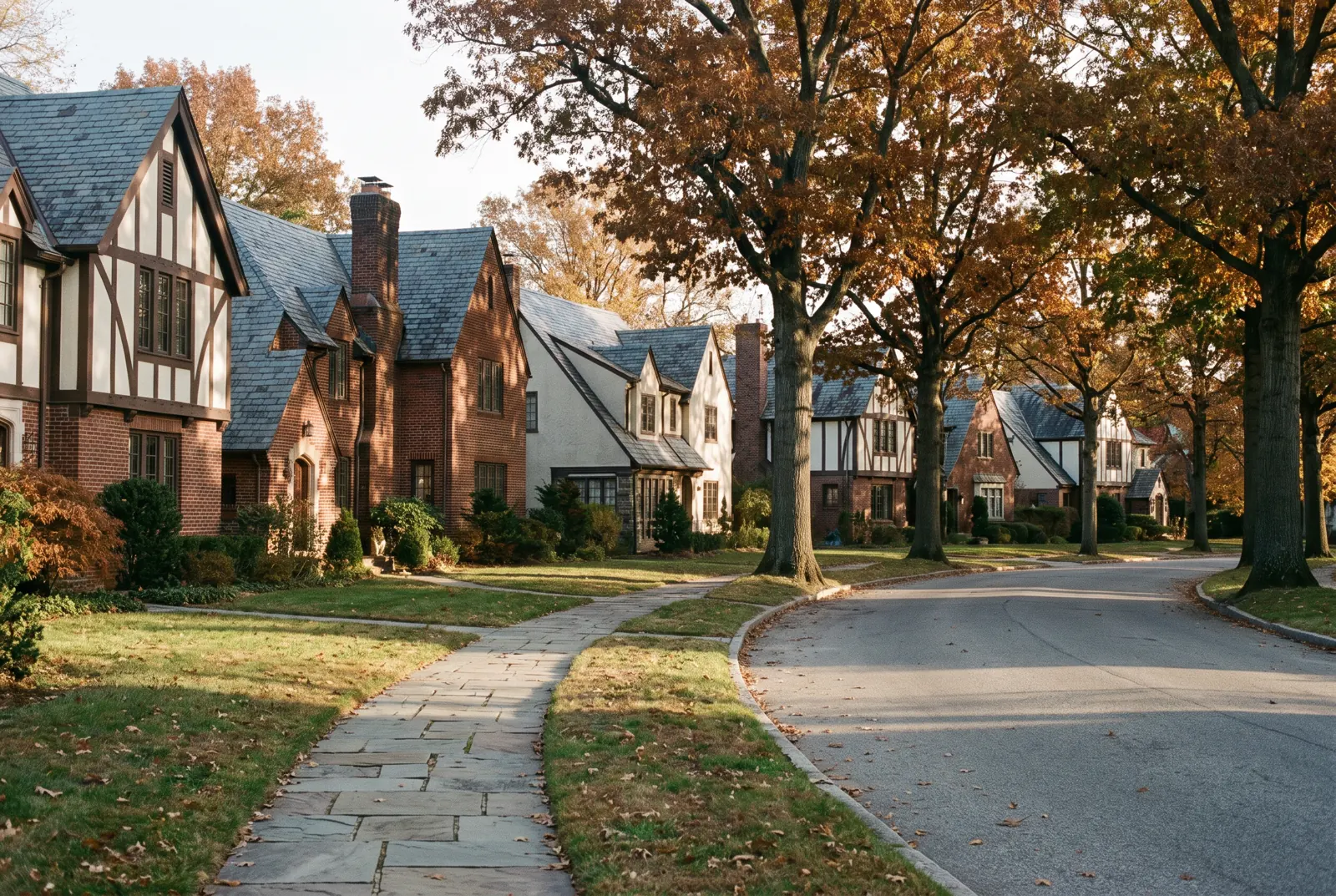 Tudor-style houses on a leafy residential street in autumn