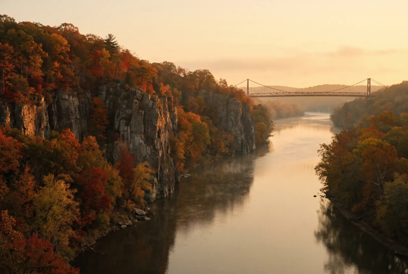 Wooded riverside cliffs at sunset with a suspension bridge in the distance