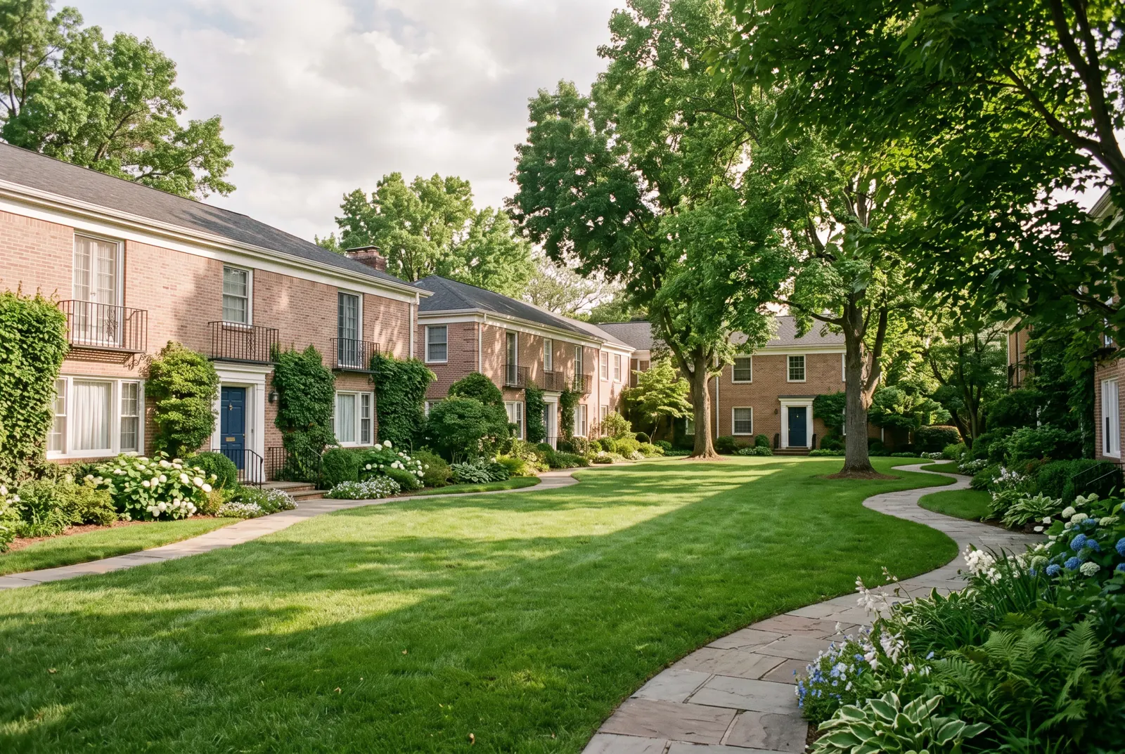 Brick garden apartment buildings around a tree-shaded lawn